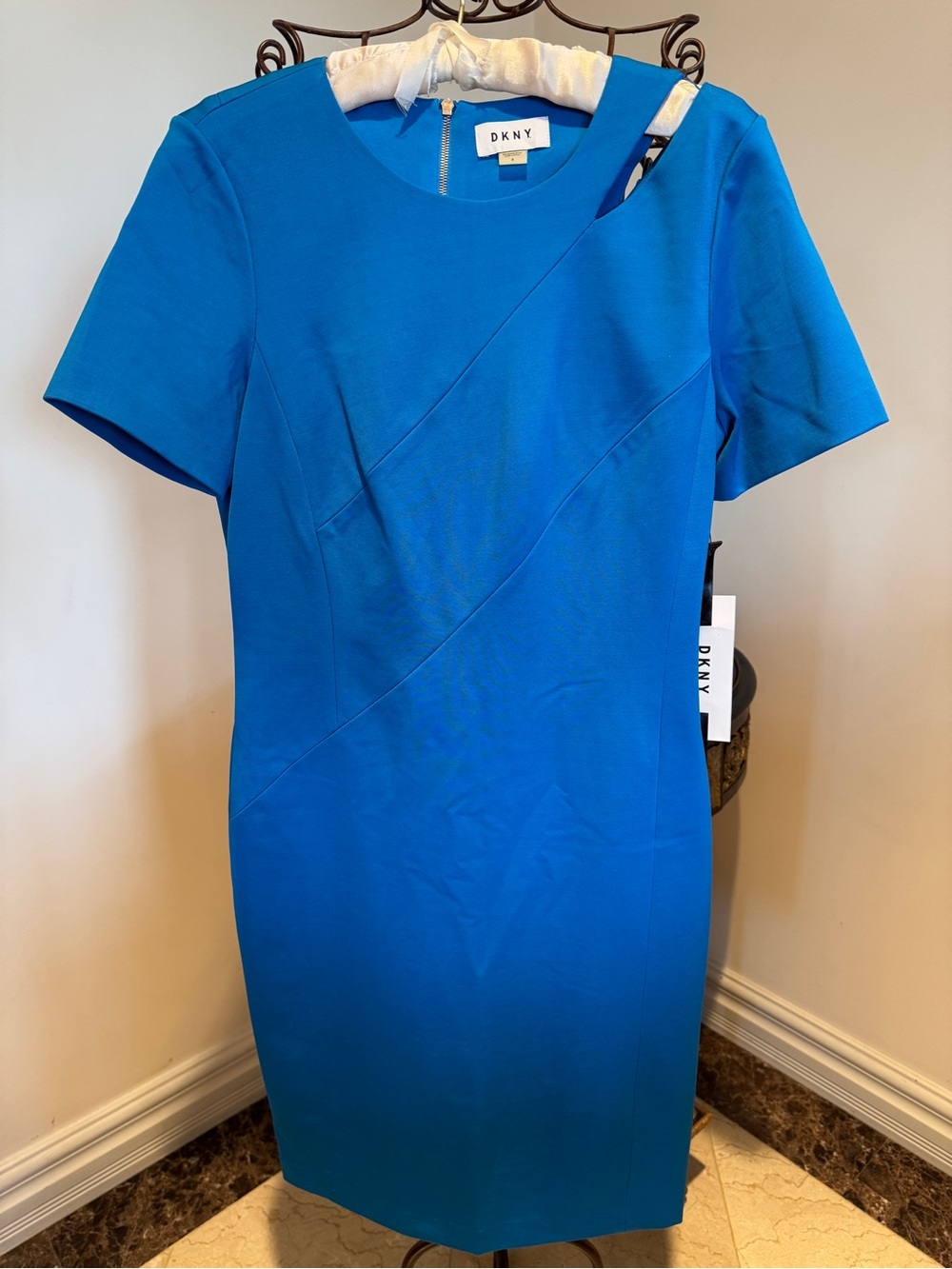 DKNY Electric Blue Short Sleeve Sheath Midi Dress